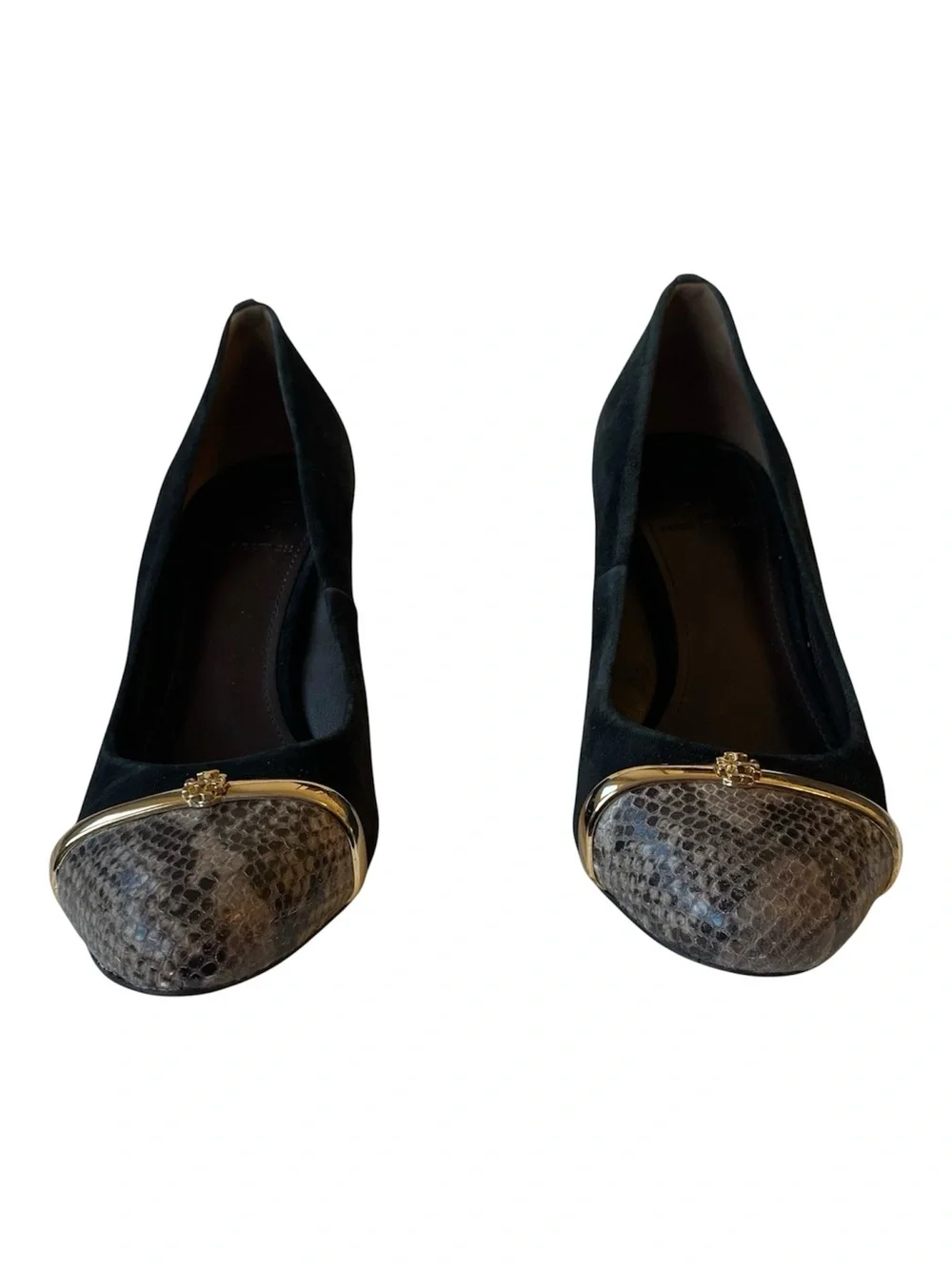 Tory Burch Pacey Black Suede Snake Cap Toe Block Heel Pumps Women’s 7